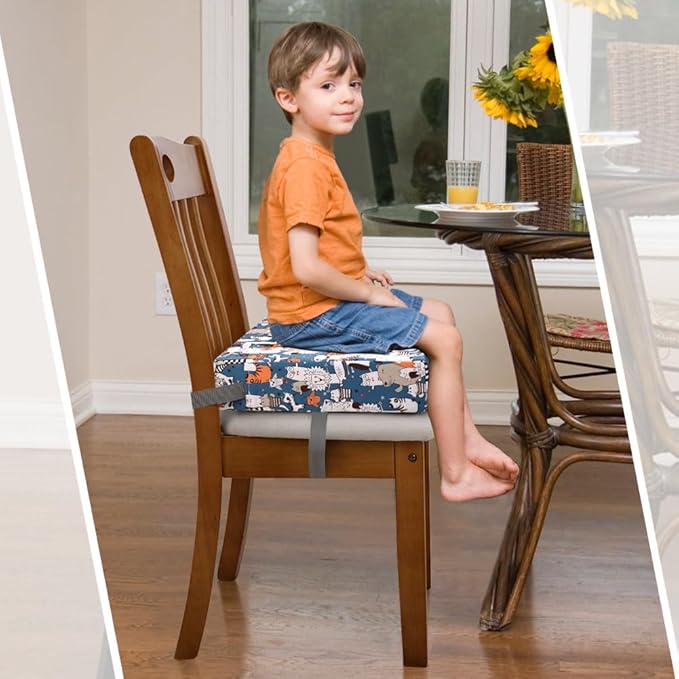 Zicac Portable Toddler Booster Seat for Dining Table, Safer Non-Slip Kids Booster Seat with Double Adjustable Straps, Washable Detachable Strong Support Increasing Cushion for Child (White Blue)
