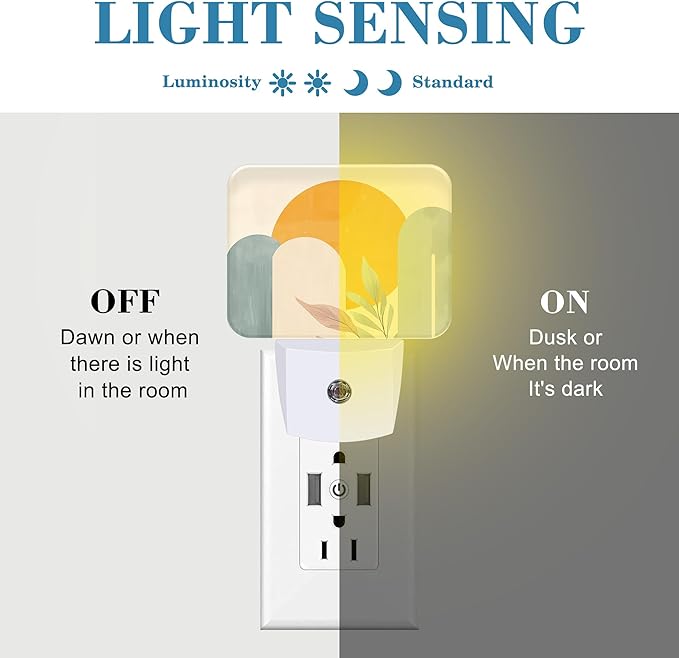 Boho Sun and Leaves Night Light Plug into Wall, Bohemian Abstract Art Night Light with Dusk to Dawn Sensor for Kid Girls Boys Women Men Room, Hallway, Kitchen, Bathroom, Stairs Decor