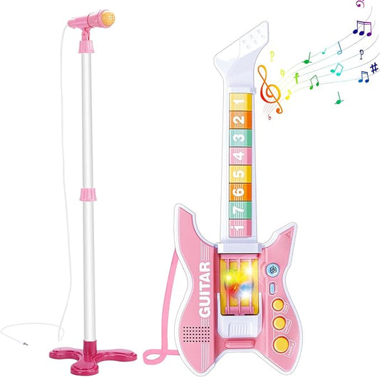 deAO Kids Guitar and Microphone Set with Stand Adjustable Height Music Light Karaoke Music Toys Christmas Birthday Gift for Kids Boys Girls (Pink)