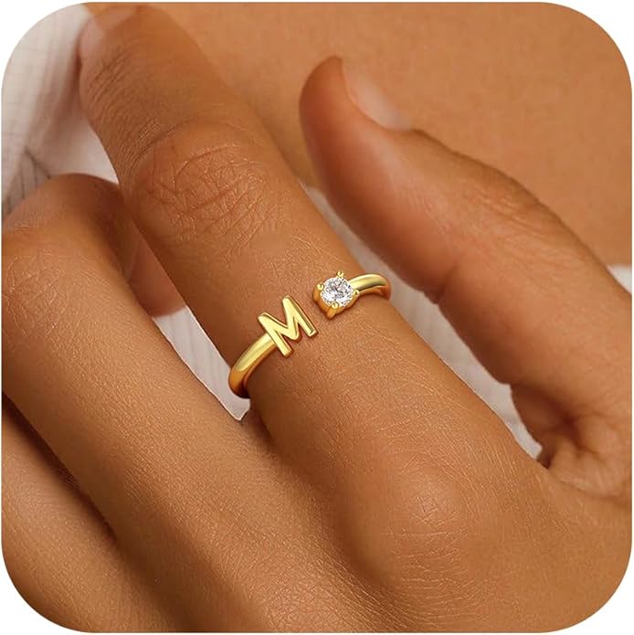 Gold Initial Rings for Women Girls, 14K Gold Plated Adjustable Initial Rings Teen Girl Gifts Trendy Stuff Letter Ring Birthday Gifts for Teenage Girls Non Tarnish