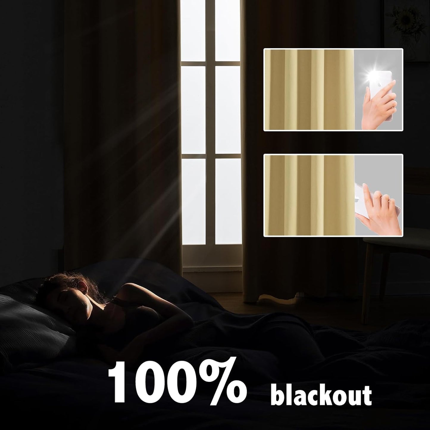 Anytime 100% Blackout Curtain Set, Thermal Insulated & Energy Efficiency Window Draperies for Guest Room, Full Shading Panels for Shift Worker and Light Sleepers（Beige, 2 Panels, 52W x 102L）