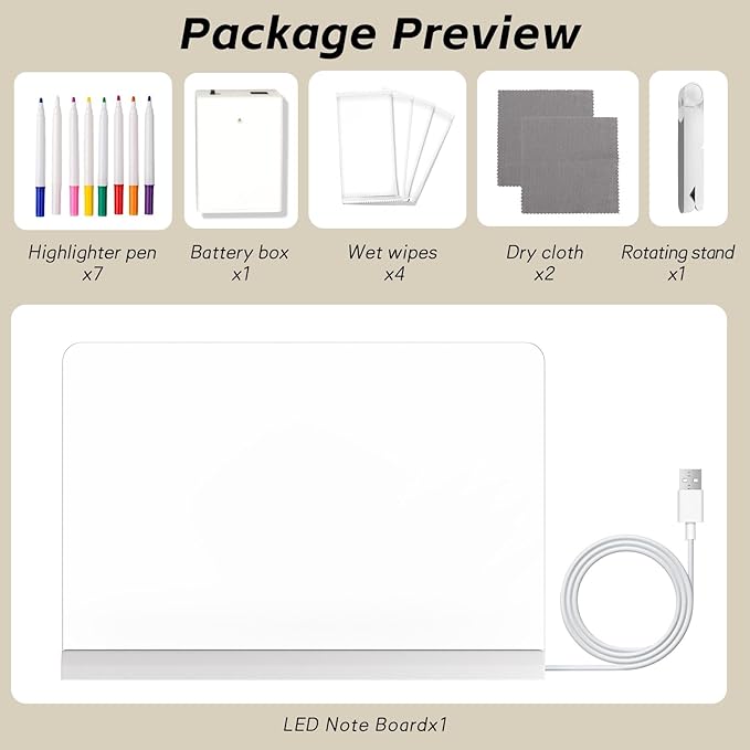 Led Note Board,Doodle Glow,Led Drawing Board for Kids,Acrylic Dry Erase Board with Light and 7 Colors Pens,LED Note Board with Colors for Office School Home (5.9x5.9 inches)