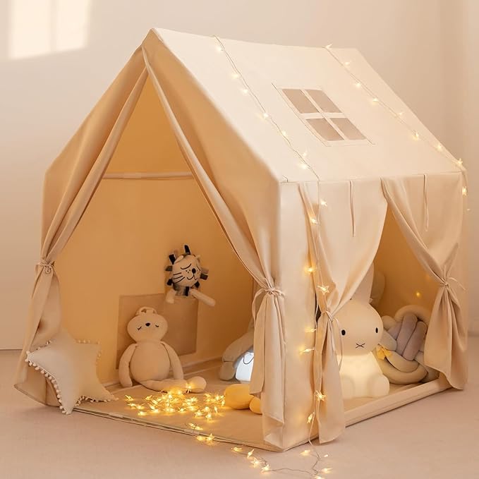 Kids Play Tent,Large Indoor Play House with Star Lights,Flags and Tote Bags, 52" x 47" Gift for Girls and Boys, Use for Reading Nook, Playroom, Sleepover Tent