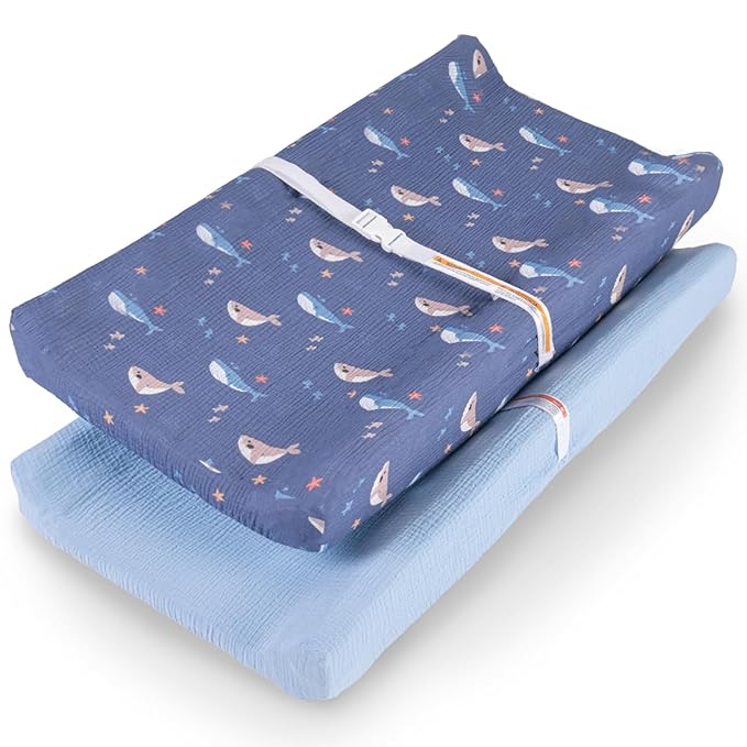100% Muslin Changing Pad Cover Ultra Soft, Breathable, Secure Fit, Fade-Resistant Prints for Boys and Girls (Pack 2)