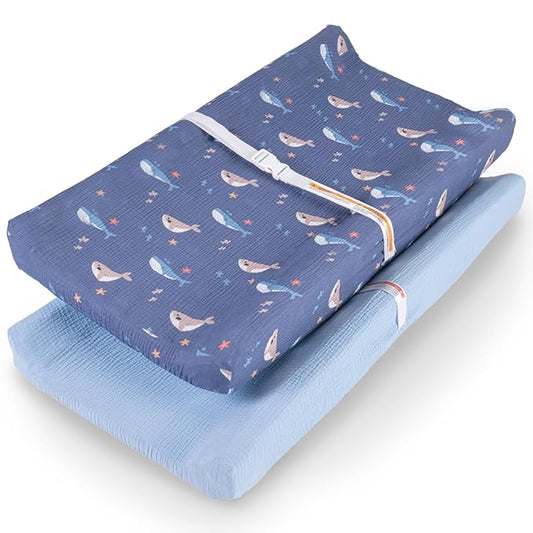 100% Muslin Changing Pad Cover Ultra Soft, Breathable, Secure Fit, Fade-Resistant Prints for Boys and Girls (Pack 2)