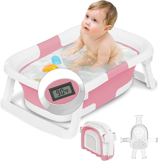 Collapsible Baby Bathtub,Baby Bath Tub with Soft Cushion & Thermometer,Baby Bathtub Newborn to Toddler 0-36 Months,Portable Travel Baby Tub