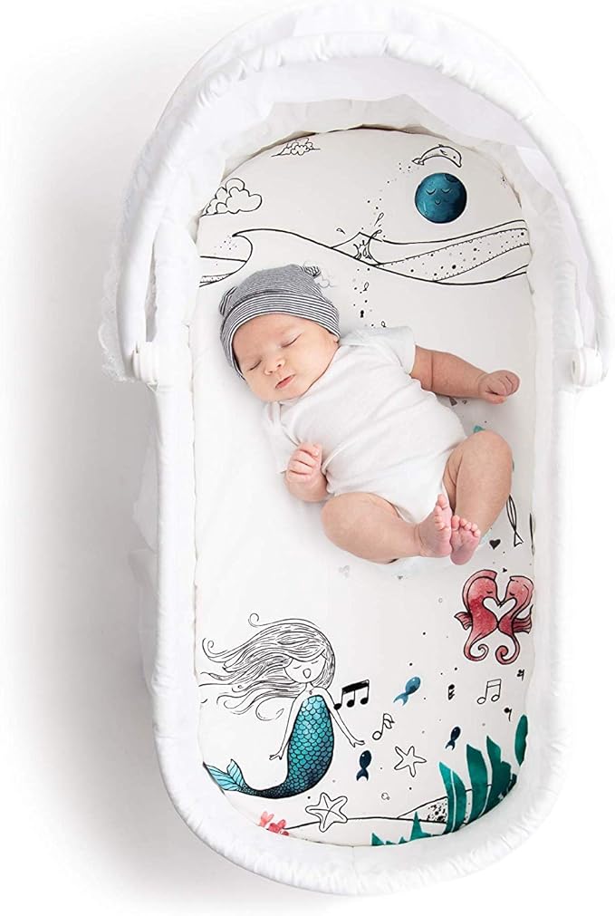 JumpOff Jo - Fitted Bassinet Sheet, Soft Cotton Flexible Fit Sheet for Oval, Rectangle, and Hourglass Standard Sized Mattresses, 16 in. x 32 in. - Moonlight Mermaid