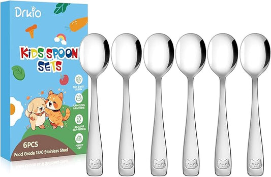 DRKIO Stainless Steel Toddler Spoons Set - 6 Pieces Kids Spoons Set Children Safe Food Grade Kids Silverware Small Spoon Metal Toddler Utensils Dishwasher Safe Mirror Polished