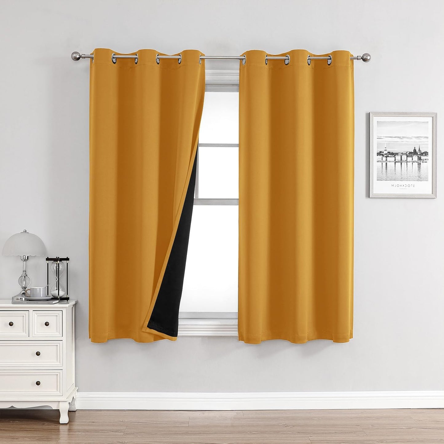 ChrisDowa 100% Blackout Curtains for Bedroom with Black Liner, 2 Thick Layers Total Blackout Thermal Insulated Grommet Small Window Curtains 2 Panels Set (Mustard Yellow, 42 x 54 Inch)