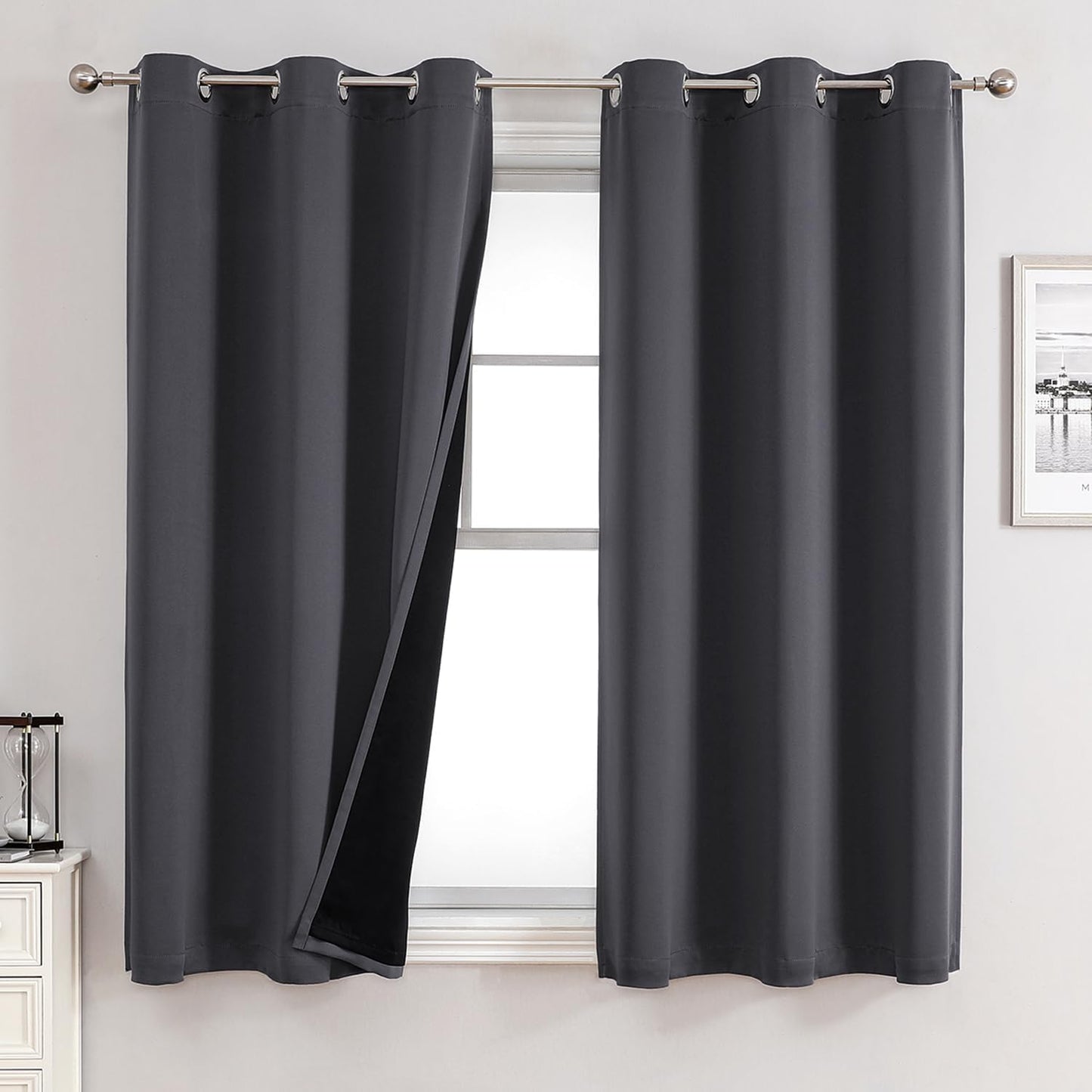 ChrisDowa 100% Blackout Curtains for Bedroom with Black Liner, 2 Thick Layers Total Blackout Thermal Insulated Grommet Small Window Curtains 45 Inch Length 2 Panels Set (Dark Grey, 42 x 45 Inch)