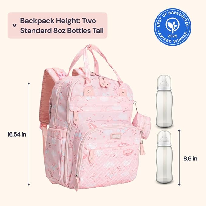 BabbleRoo Diaper Bag Backpack - Baby Essentials Travel Tote - Multi Function Water Resistant Diaper Bag, Travel Essentials Baby Bag with Changing Pad, Stroller Straps & Pacifier Case - Pink Birdy