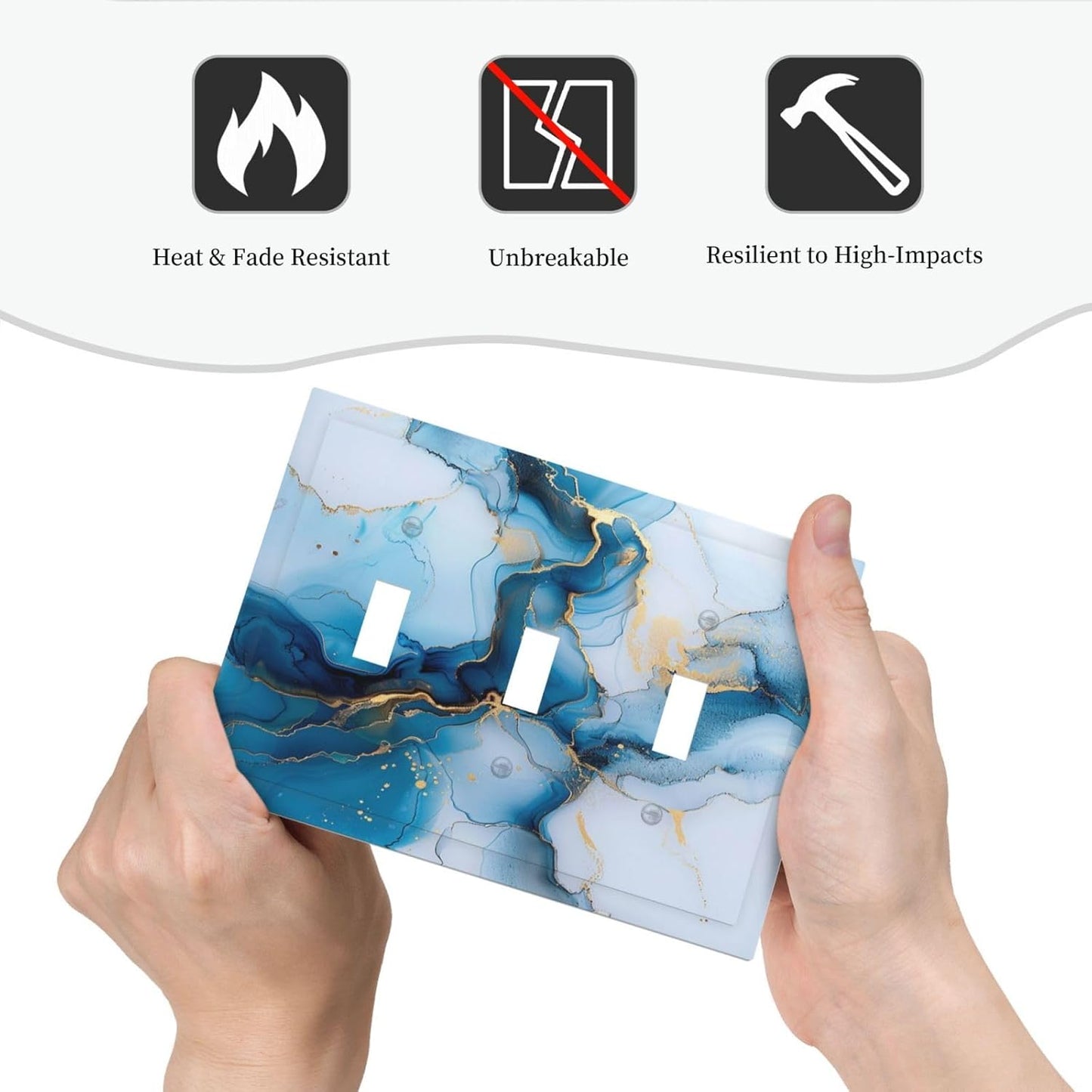Decorative Switch Covers Plate Modern Abstract Blue Gold Line Marble 3 Gang Artistic Wall Plate Unique Triple Toggle Light Switch Plate Jumbo Faceplate for Kitchen Bedroom Home Decor