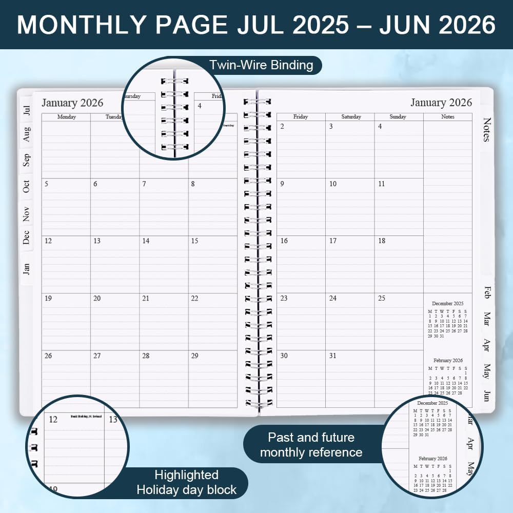 2025-2026 Planner - Weekly & Monthly Planner Runs Jul 2025 to Jun 2026, 6.25" x 8.25", 12 Monthly Tabs, 14 Notes Page, Plastic Pocket, Flexible Cover with Twin-Wire Binding, Planners 2025-2026
