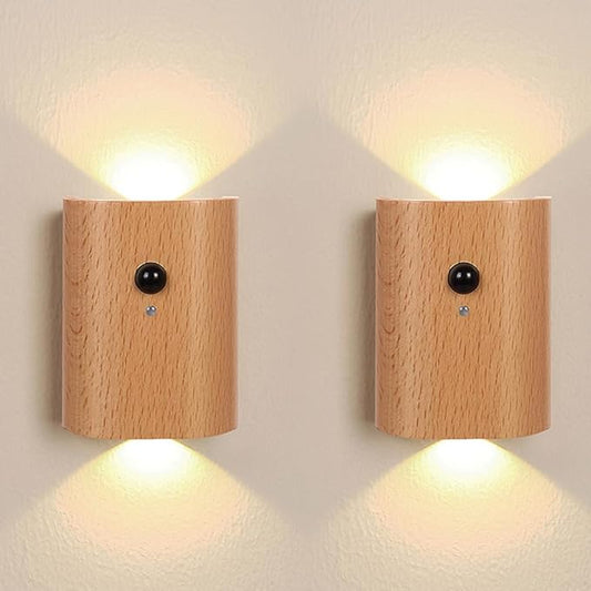 LANDGOO Wooden LED Step Lights Wall Lamp, 2700-3000K Motion Sensor Night Lights, Rechargeable Stair Lights for Hallway Indoor Lighting(White Ash Wood 2PCS)