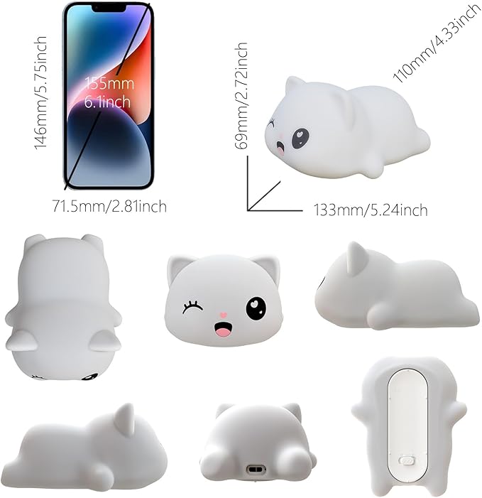 Colorful Life Cat Night Light for Kids, Silicone Tap Control LED Bedside Lamp, Soft Touch Sensor Kitty Light for Baby Girls Boys, USB Rechargeable Nightlight(Light up When patted)