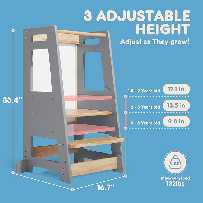 Toddler Kitchen Stools Helper with Adjustable Height and Anti-Slip Protection, Kids Standing Tower with Safety Rail, Kids Montessori Stool with Learning Chalkboard, Gray