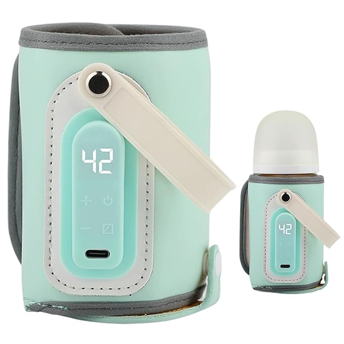 Baby Bottle Warmer, Temperature Adjustable PU Portable Bottle Warmer with Handle 21w Rechargeable Digital Display Baby Essentials