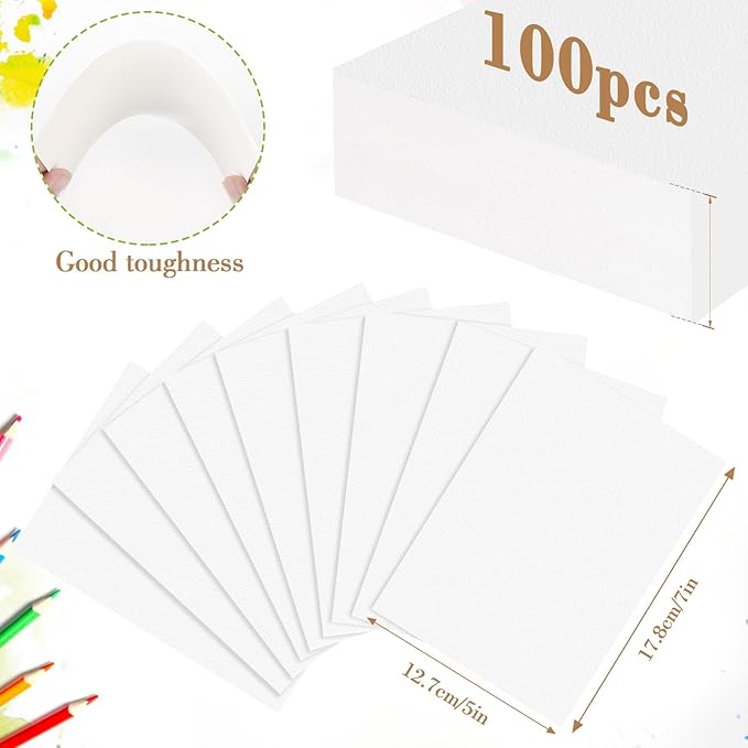100PCS 5x7 Watercolor Paper Bulk, 140lb/300g Cold Press Thick Water Color Paper Pad for Kid Child Adult, White Art Paper for Drawing Painting Markers Gouache, Textured Cotton Paper Sheets