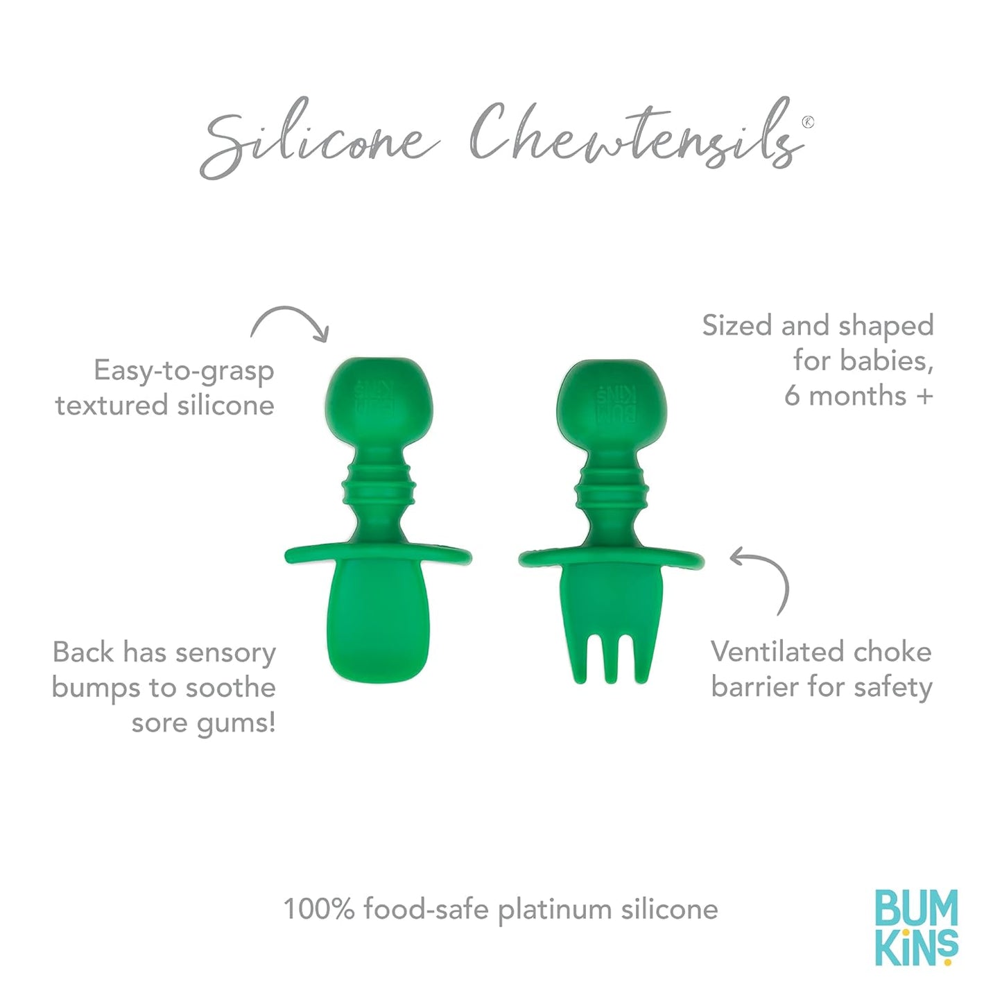 Bumkins Baby Utensils Set, Chewtensils Silicone Spoons for Dipping, Self-Feeding, Baby Led Weaning, Trainer Learning, First Stage Eating, Soft Practice Fork and Spoon, Babies 6 Months, Jade Green