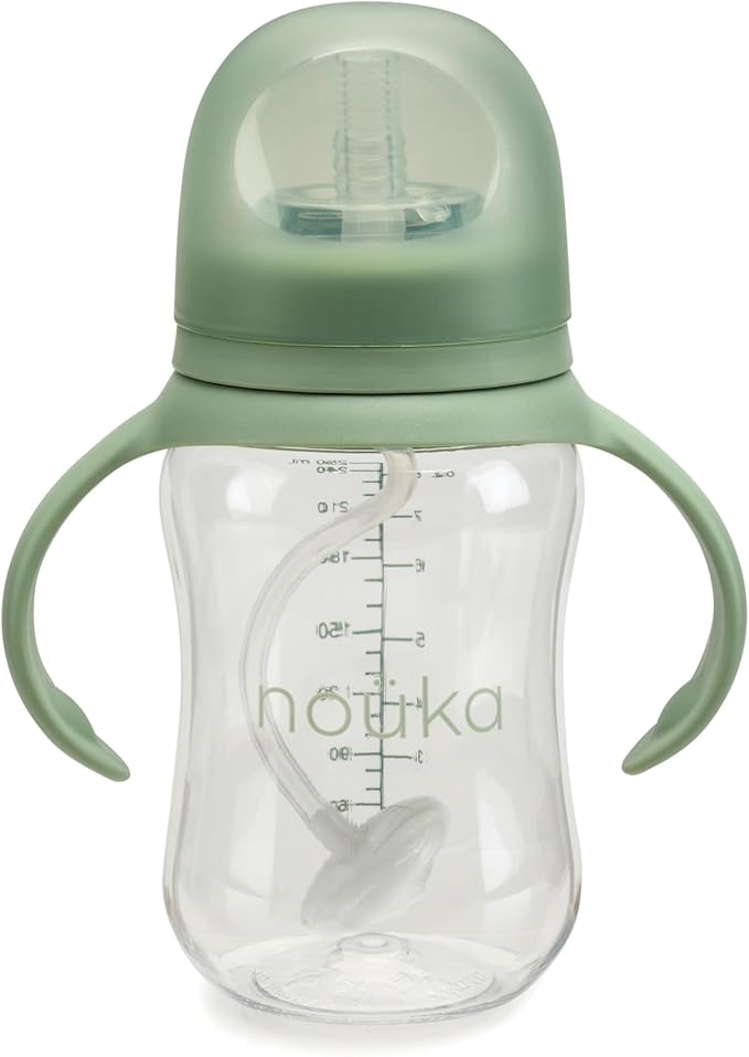 nouka Tritan Plastic Transitional Sippy Cup with Weighted Straw | Leak Proof and Easy Grip | Removable Handles | Moss