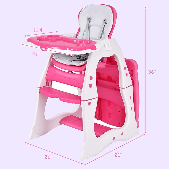 Costzon Baby High Chair, 3 in 1 Infant Table and Chair Set, Convertible Booster Seat with 3-Position Adjustable Feeding Tray, Adjustable Seat Back, 5-Point Harness (Pink)