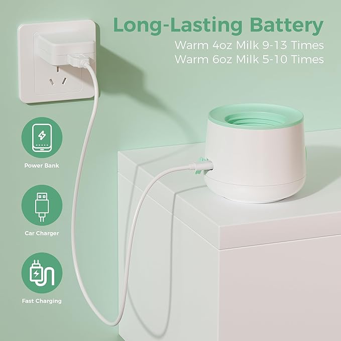 Portable Bottle Warmer for Travel, Baby Bottle Warmer for Breastmilk with Fast Heating, Safety Material, Leak-Proof, Precise Temperature Control, 4 Adapters for Most Bottles (White)