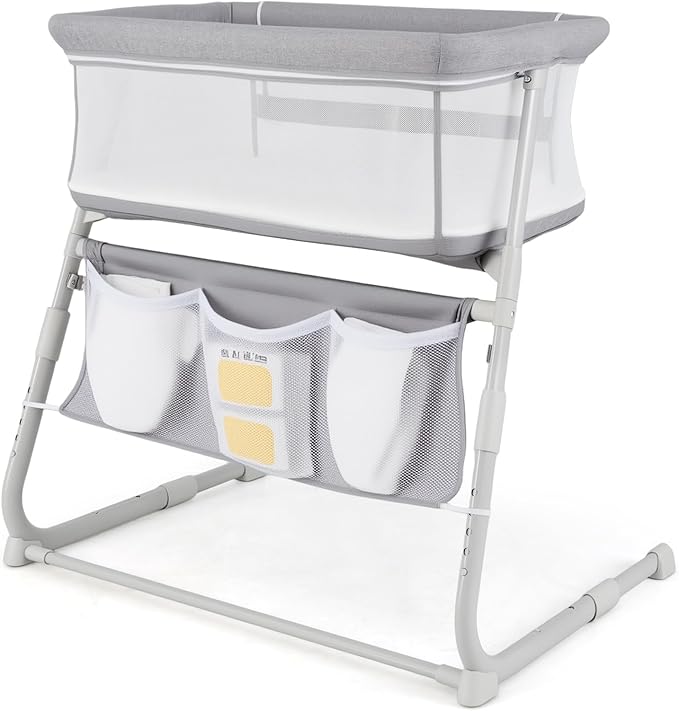 BABY JOY Bassinet, Bedside Crib w/Adjustable Height, Comfy Mattress, Full-Mesh Sides and Storage Pockets for Newborns Infants, Baby Bassinets Bedside Sleeper for Safe Co-Sleeping