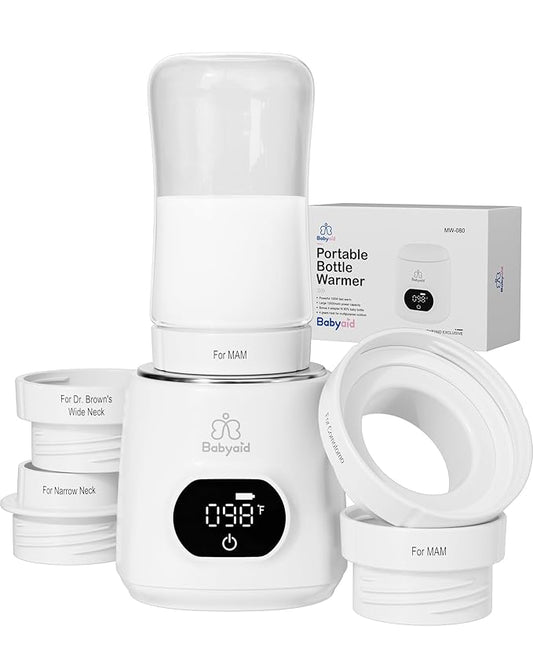 Portable Bottle Warmer, 100W Fast Heating, 13500mAh Cordless Baby Bottle Warmer with 4 Adapters & Temp Control, Travel Warmer for Breastmilk & Formula, Snow White