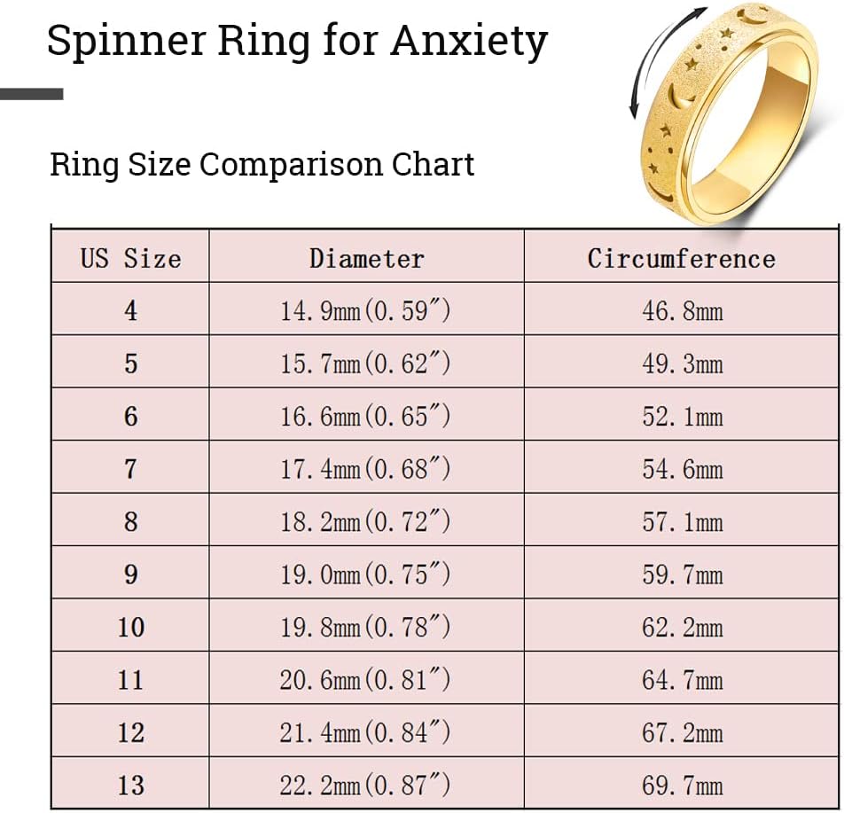 OreilleStar Anxiety Ring for Women Spinner Ring Fidget Spinner Thumb Rings Gold Stainless Steel Band Ring Moon Star Fidget Toys Adults