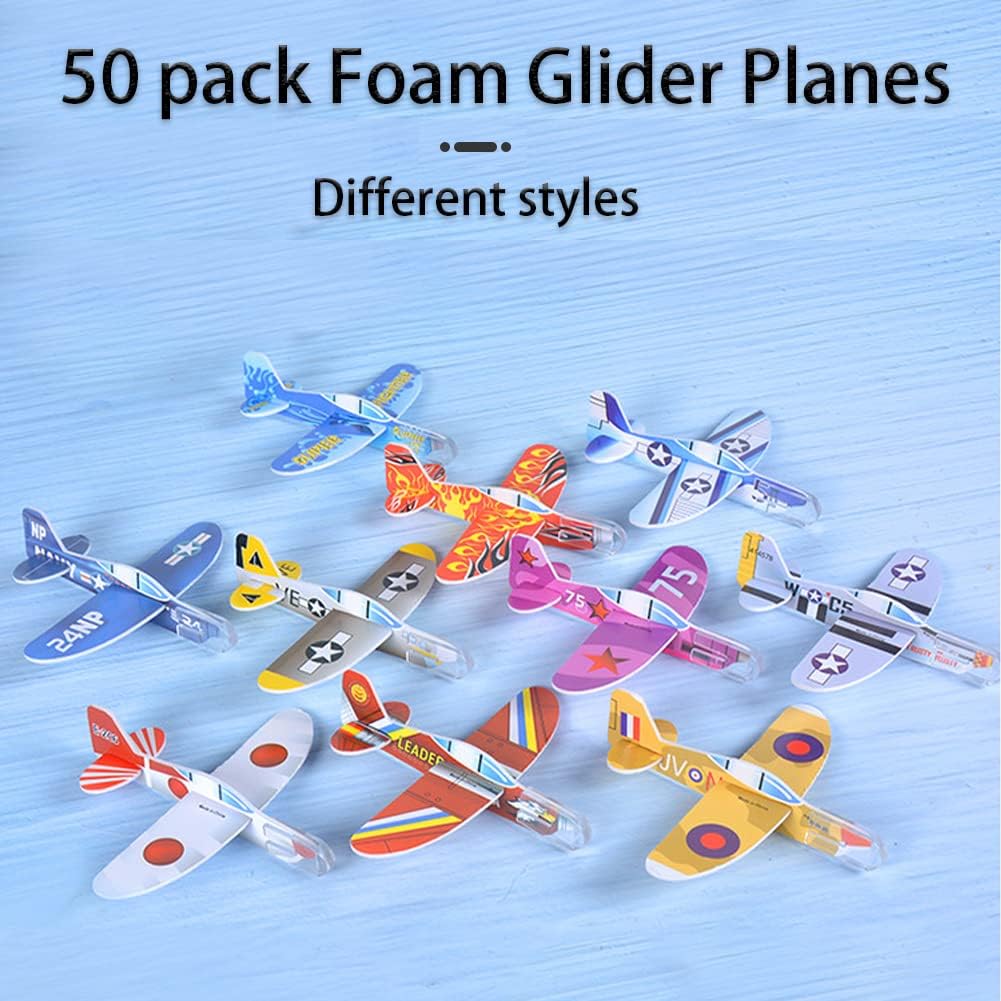 50 Pcs Foam Gliders Planes Toys for Kids, Paper Airplane, Party Favors Goodie Bag Stuffers, Outdoor Flying Toys, Bulk for Classroom Prizes Boys and Girls