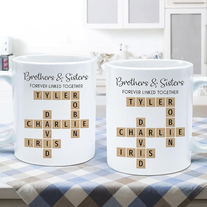 Trending Custom Brothers And Sisters Forever Linked Together Crossword Puzzle Art Personalized Mug, Gift For Brothers, Sisters, Siblings, Family Member on Birthday Christmas