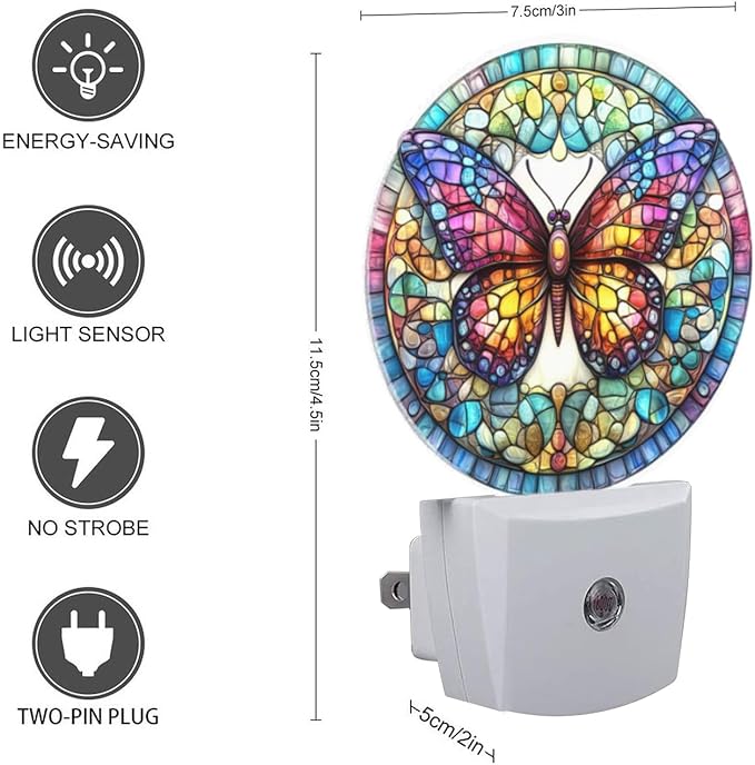 Round LED Night Lights Lamp with Dusk to Dawn Sensor, Stained Glass Art of Colorful Butterfly Mandala Night Light Plug Into Wall for Kids Room, Bedroom, Bathroom, Kitchen, Hallway
