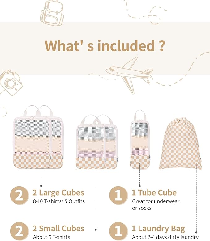 Narwey 6 Set Compression Packing Cubes for Travel Kids Women Carry on, Packing Organizers Bag for Backpack Luggage Suitcase Duffle Bags