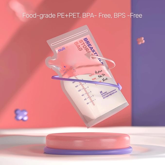 Nuliie 120 Pcs Breastmilk Storage Bags, 8 OZ Breast Milk Storing Bags, BPA-Free, Milk Storage Bags with Pour Spout for Breastfeeding, Self-Standing Bag, Space Saving Flat Profile