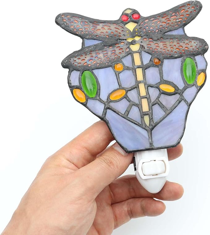 Bieye L10931 Tiffany Style Stained Glass Dragonfly Wall Lamp with Plug-in Night Light Socket for Home Decor (Blue)