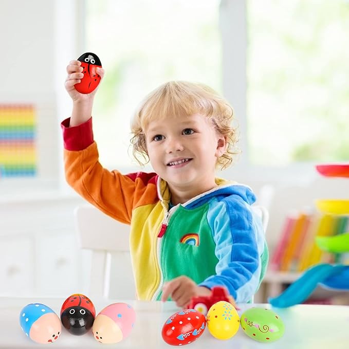 SallyFashion 6 PCS Wooden Shaker Eggs for Toddlers, Egg Maracas Percussion Shakers Musical Instruments for Party Favors Goodie Bag Stuffers Classroom Prizes