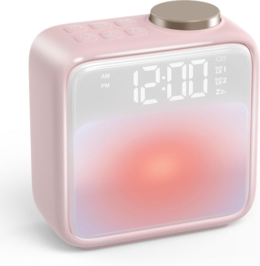 AIRIVO Alarm Clock Night Lights, Rechargeable Alarm Clock for Bedrooms, 6 Scenes & White Noise Sync, Dual Alarms & Snooze, for Heavy Sleepers, Gifts for Kids Teens (Pink)