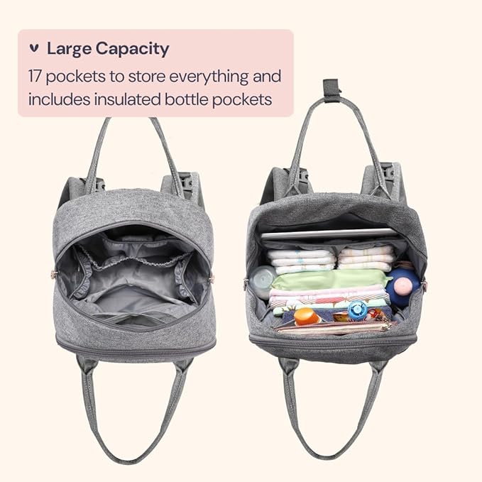 BabbleRoo Diaper Bag Backpack - Baby Essentials Travel Tote - Multi Function Water Resistant Diaper Bag, Travel Essentials Baby Bag with Changing Pad, Stroller Straps & Pacifier Case - Light Gray