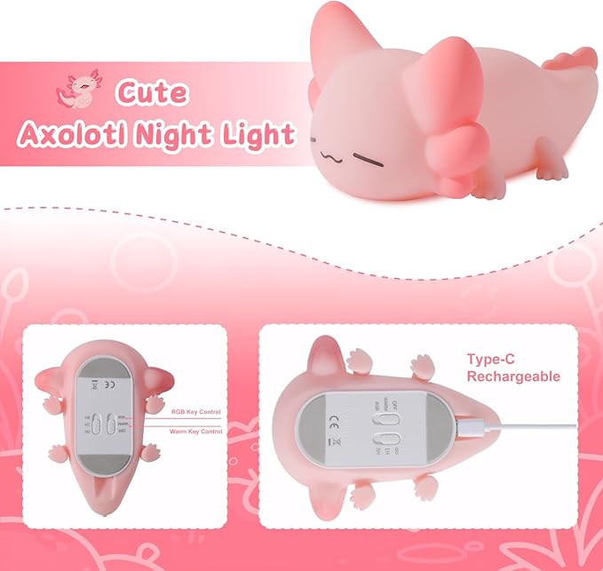 ZKLiLi Night Light for Kids Cute Axolotl Lamp,16 Colors+Tap+Remote+Silicone Kids Night Light,USB Rechargeable Axolotl Night Lights for Room Decoration, Girls