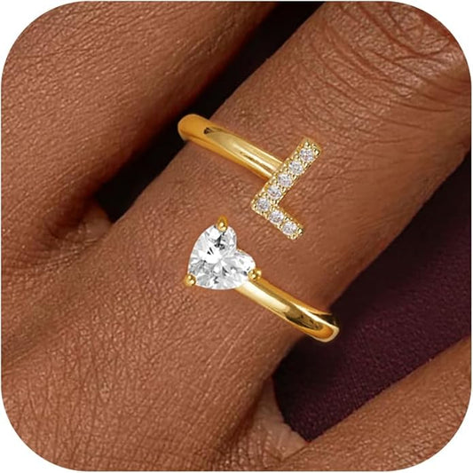 Initial Gold Rings for Girls Women - Dainty 14K Gold Plated Adjustable Letter A-Z Rings Teen Girls Gifts Trendy Stuff Heart CZ Initial Ring Teens Birthday Gift for Girls Non Tarnish