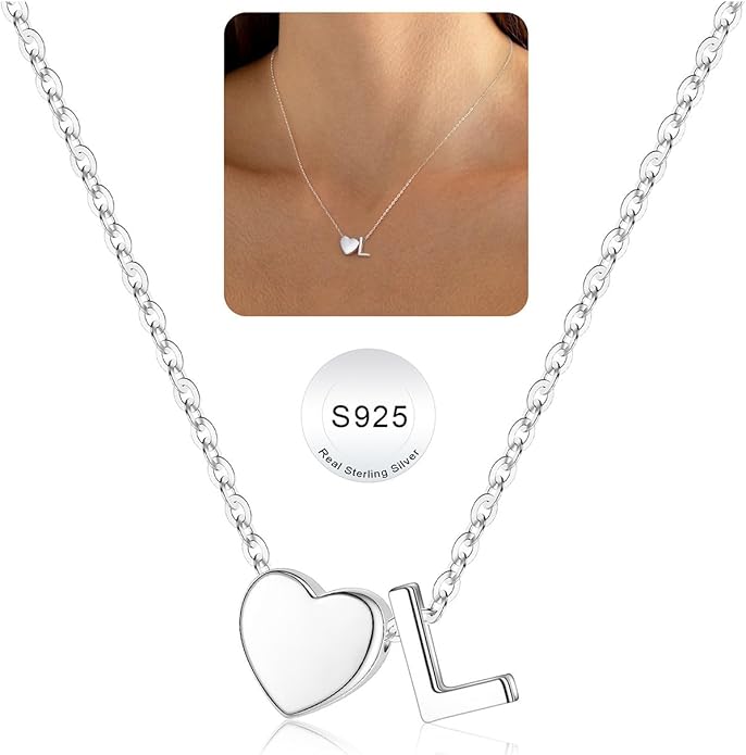 Turandoss S925 Sterling Silver Heart Initial Necklaces for Girls Teen Girls, Dainty S925 Sterling Silver Tiny Heart Initial Necklace Letter Necklaces Trendy Jewelry Gifts for Girls Teen Girls