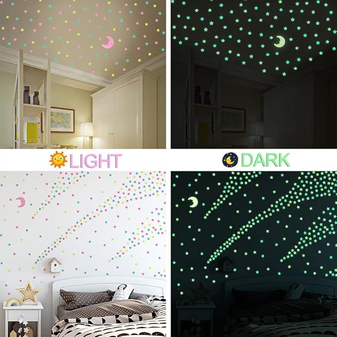 200 Pcs Glow in The Dark Luminous Colorful Stars and Pink Moon Fluorescent Noctilucent Plastic Wall Stickers Murals Decals for Home Art Decor Ceiling Wall Decorate Kids Babys Bedroom Room