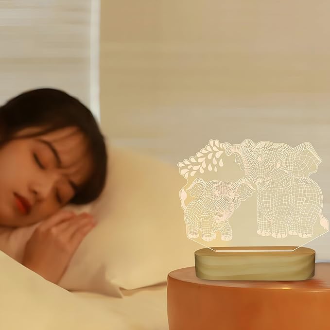 Elephant Shape 3D Crystal Acrylic Light Base with Wood Stand, LED Light for Kids Room Decor, Gift for Mom on Birthday or Holiday, Home Décor Art Display