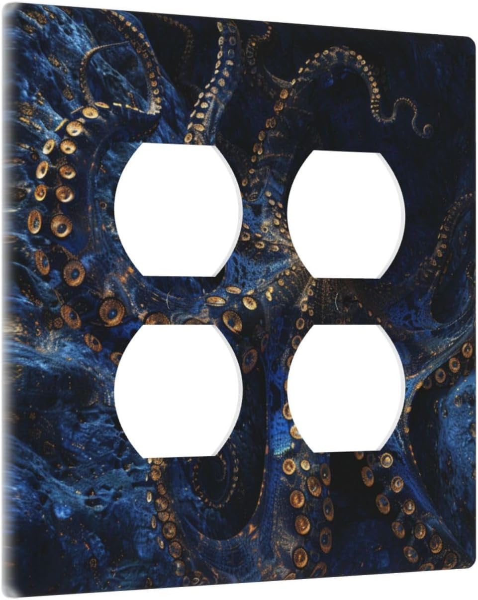 Decorative Outlet Covers Horror Night Blue Ocean Evil Octopus 2 Gang Wall Plate Cover Double Duplex Receptacle Two Switch Light Switch Cover Plate Jumbo Dual Faceplate for Home Decor
