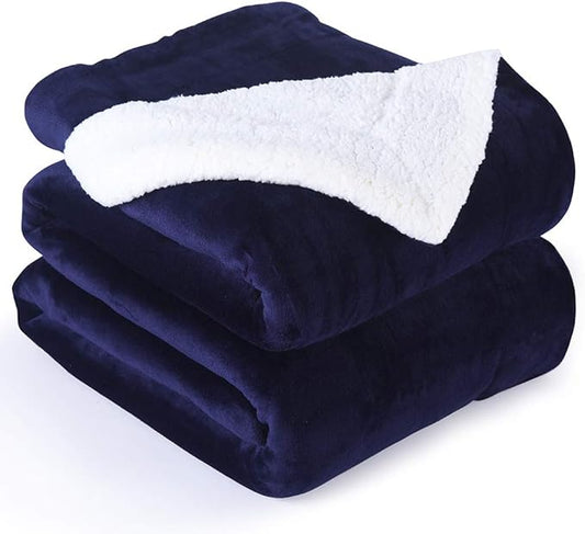 NANPIPER Couch Blanket Reversible Sherpa Flannel Blanket Ultra-Soft Plush Warm Fleece Microfiber (90"x90" Navy Blue) Queen