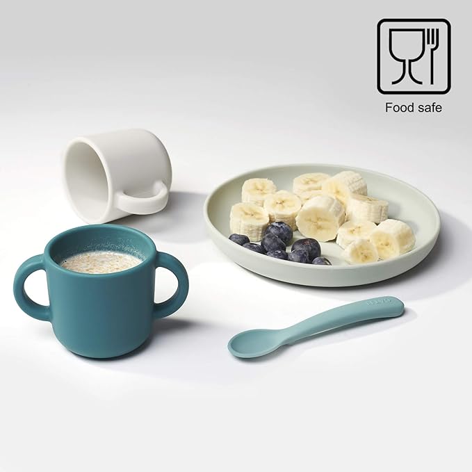 Silicone Training Cup for Infants, Toddler Learning Cup with Two Handles, Baby Open Cup 5oz, 6months+ (green+pink)