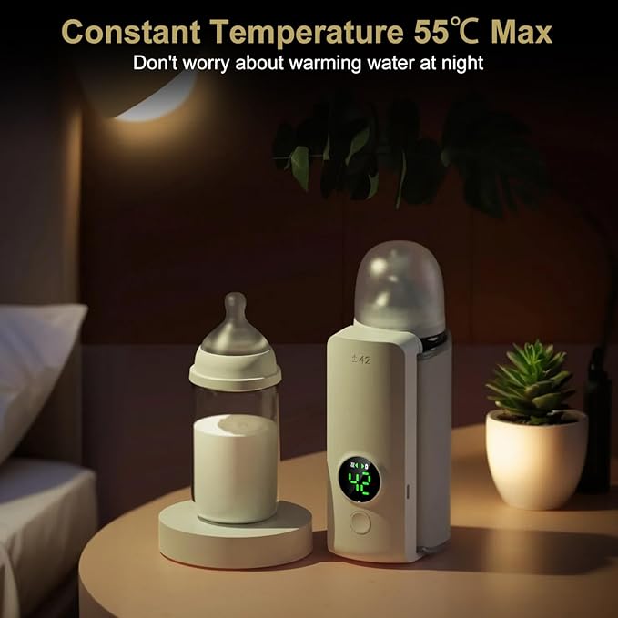 Portable Bottle Warmer for Travel, Instant Heating & Constant Warming, Portable Baby Bottle Warmer On The Go for Breastmilk, Large Capacity Battery-Powered & Rechargeable, Temperature Display