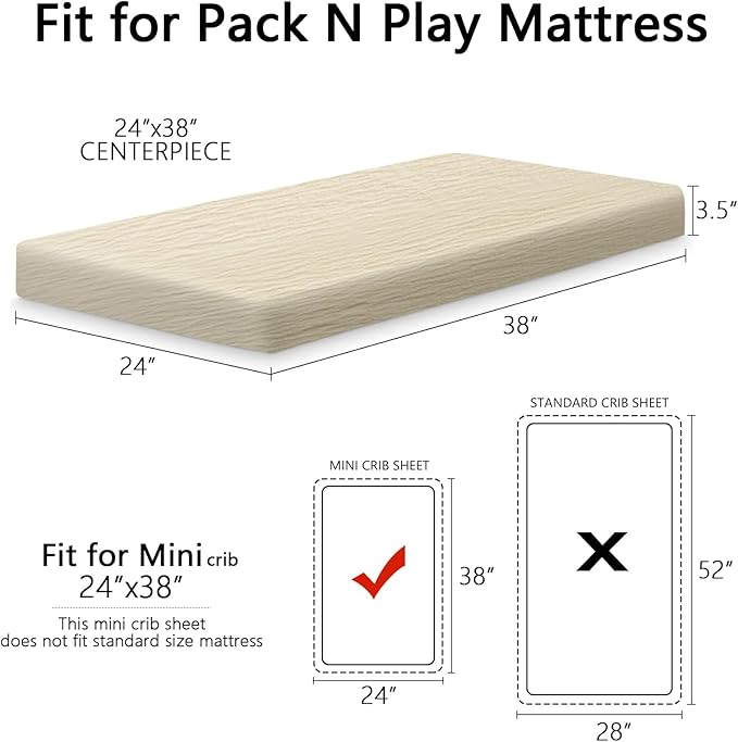 2 Pack Soft Muslin Baby Mini Crib Sheets, 100% Cotton Breathable Double Layer Fitted Sheets for Mini Crib and Pack N Play Mattresses 24x38 Inches, for Baby Girls and Boys (Cedar & Cream