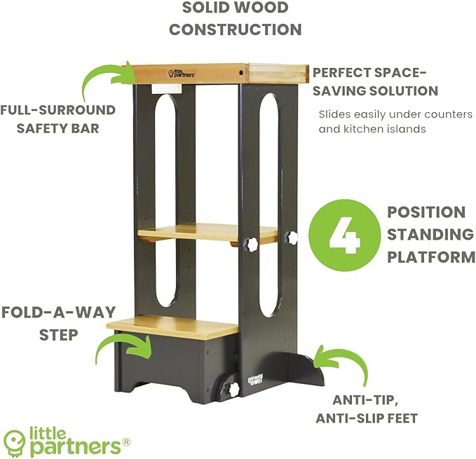Little Partners Foldable Toddler Tower, Learning Tower Explore 'N Store Montessori Standing Kitchen Tower with Folding Step Stool Platform for Cooking and Learning, Ages 2+ (Charcoal)
