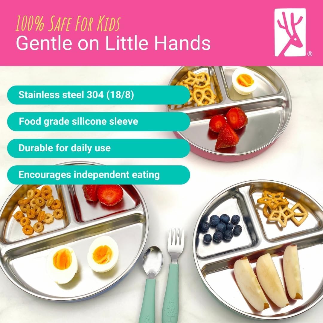 Elk and Friends Stainless Steel Divided Plates with Normal Sleeve for Babies & Toddlers | Lids Included Dinner & Snack Plates | 4 Pack